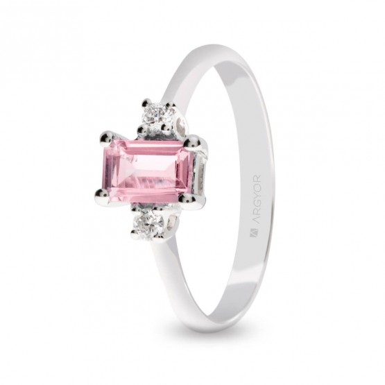 Anillo de oro blanco con diamantes y zafiro rosa 'baguette'(0517005Z)